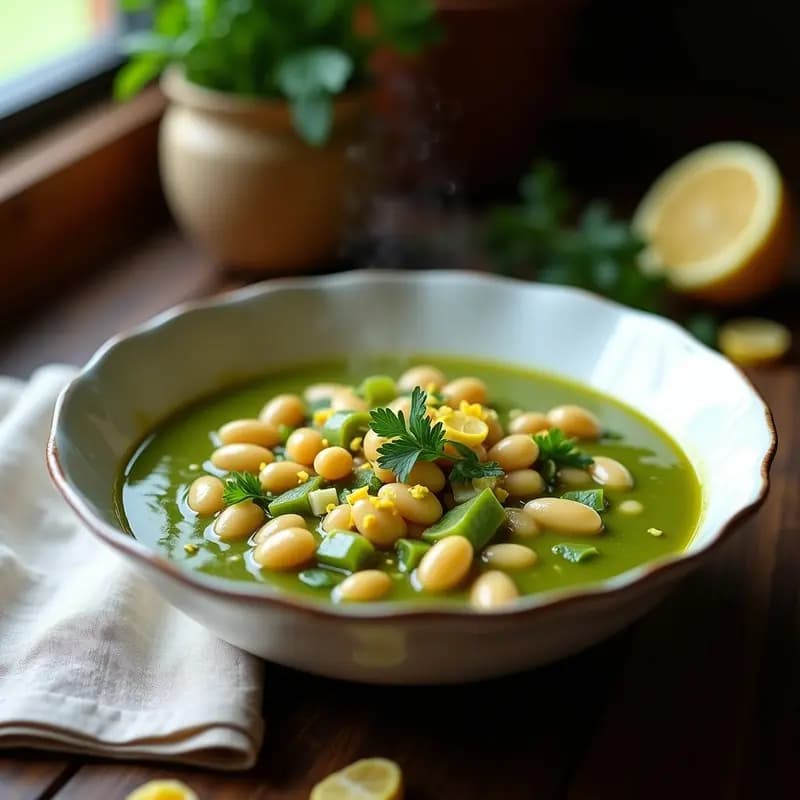 Plato hondo de cerámica blanca con sopa italiana pasta e fagioli de color verde azulado por el alga espirulina, alubias cannellini, pasta integral y trozos de apio nabo, decorado con perejil fresco y ralladura de limón, sobre fondo de madera rústica.