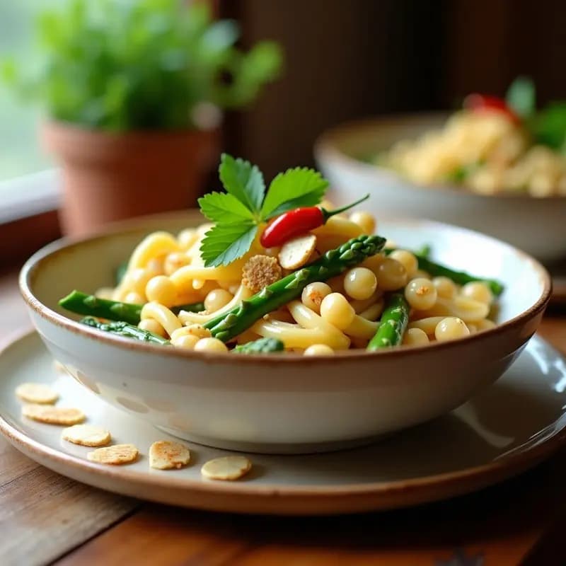 Plato hondo de cerámica blanca con pasta de garbanzos cremosa, espárragos verdes salteados y almendras fileteadas doradas, decorado con perejil fresco y guindilla roja. Receta italiana vegana alta en fibra.