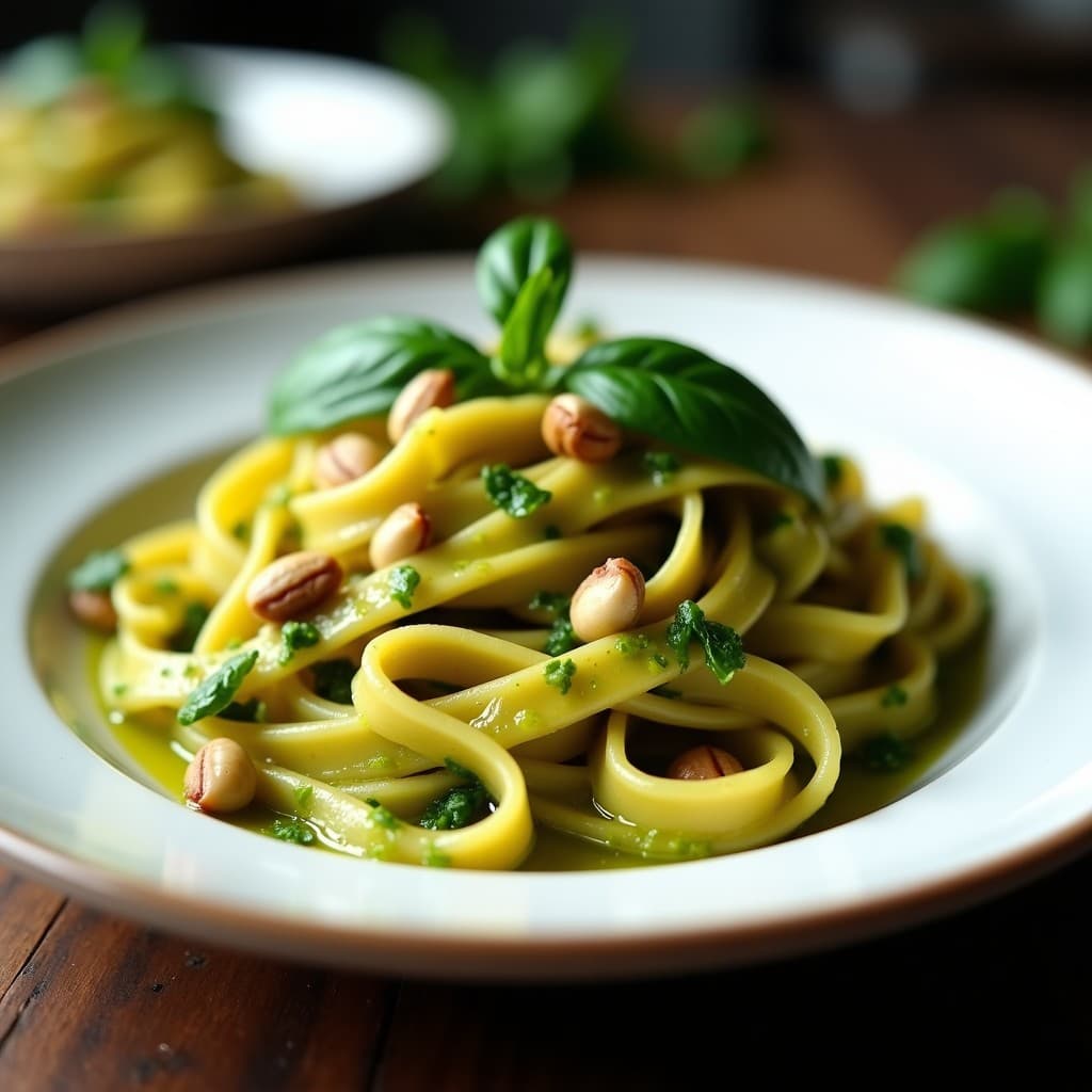 Plato blanco con pasta de garbanzos al dente bañada en pesto de albahaca verde brillante, decorada con piñones tostados, hojas de albahaca fresca y un hilo de aceite de oliva, sobre fondo rústico de madera.
