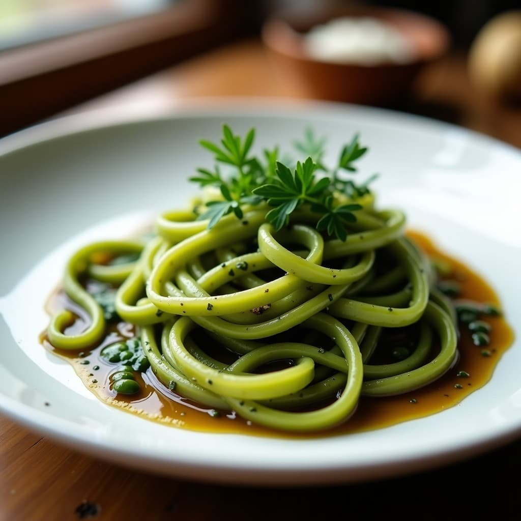 Plato blanco con pasta de guisantes de color verde claro en forma de tagliatelle, bañada en una salsa cremosa oscura de ajo negro y anchoas, decorada con perifollo fresco. Receta sin gluten en Thermomix.