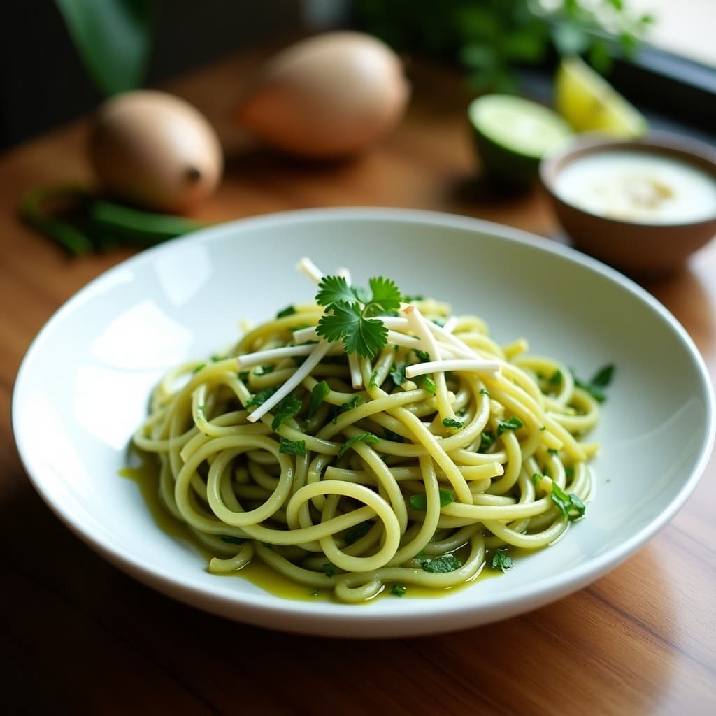 Plato hondo de porcelana blanca con pasta de konjac de color translúcido, bañada en un pesto verde vibrante de cilantro y maní, acompañada de brotes de soja crujientes y cebollino picado. Receta tailandesa keto lista en 10 minutos.