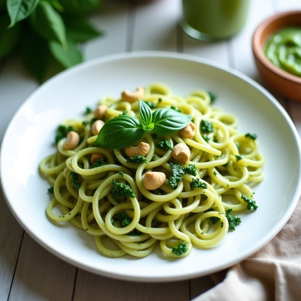 Plato blanco con pasta konjac de color translúcido mezclada con un pesto verde intenso de espinacas y anacardos, decorado con hojas de espinaca fresca y un hilo de aceite de oliva. Receta keto sin carbohidratos.