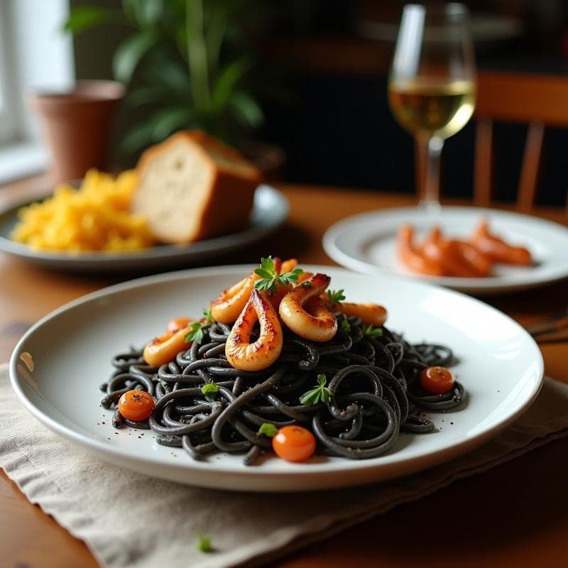 Plato hondo blanco con pasta de lentejas negras mezcladas con calamares a la plancha dorados, cebolla morada, pimiento rojo y perejil fresco, receta keto mediterránea.
