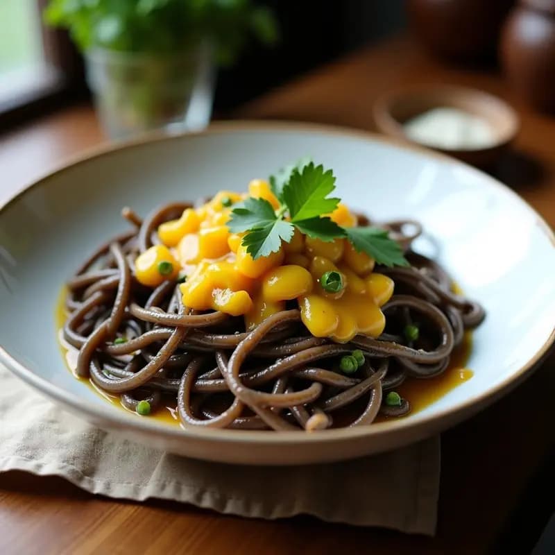 Plato hondo blanco con pasta de lentejas negras bañada en salsa cremosa de tahini, decorada con pulpa de granadilla amarilla y hojas de cilantro fresco. Receta peruana vegana y alta en fibra.