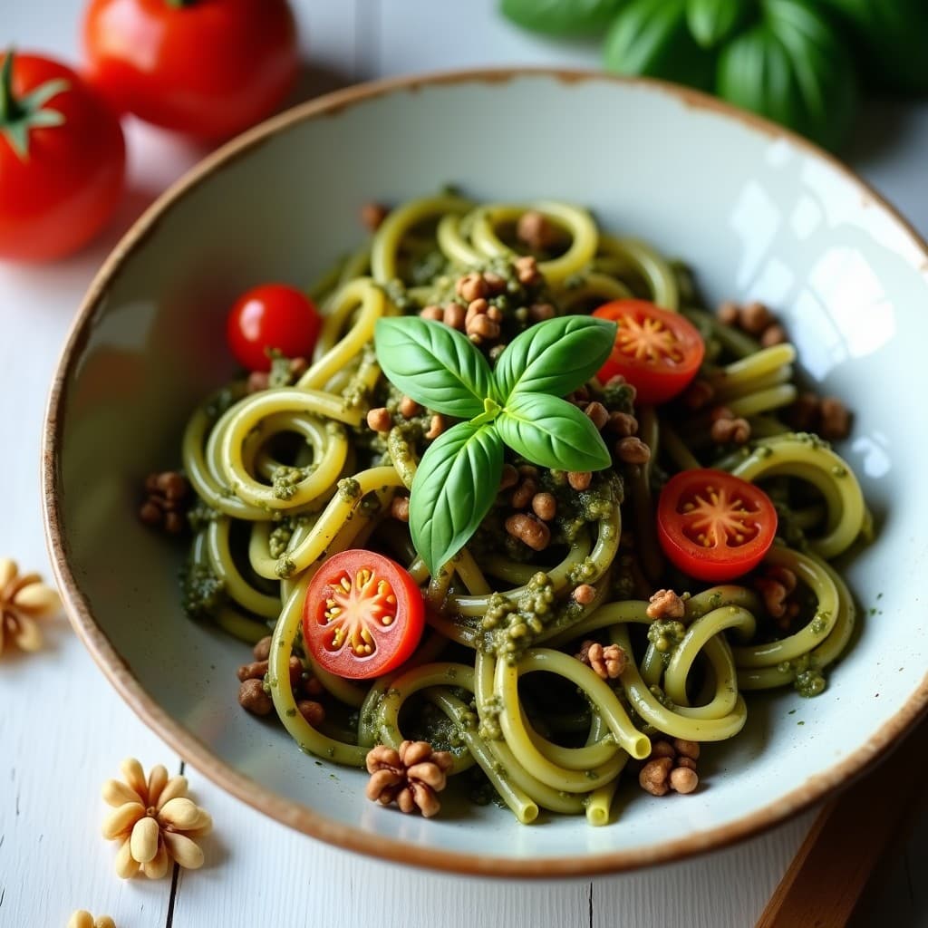Plato hondo de cerámica blanca con pasta de lentejas sin gluten bañada en un pesto verde vibrante de albahaca y nueces, decorada con espinacas frescas y nueces picadas. Receta sin gluten y alta en proteína.