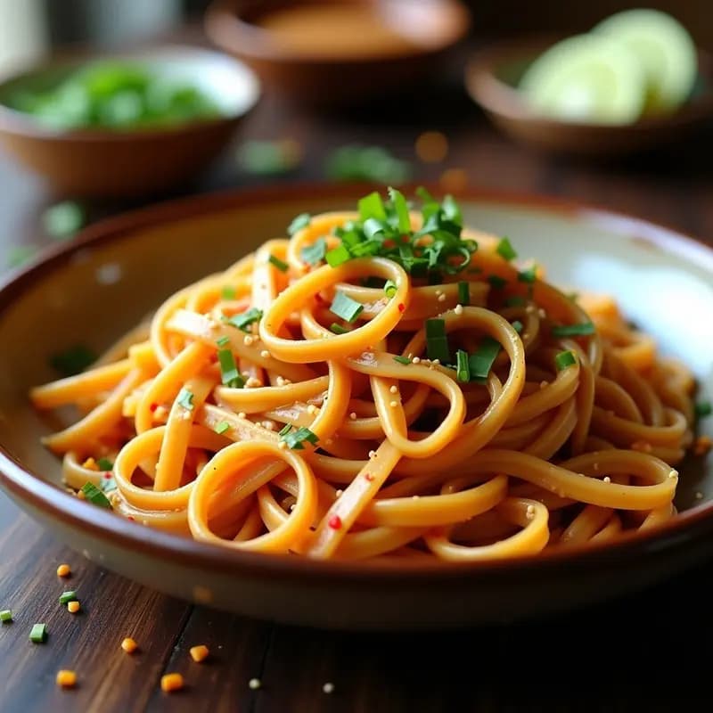Plato de pasta de lentejas rojas en forma de fideos gruesos, bañados en una salsa cremosa de cacahuete color beige con vetas rojas de chile, decorado con semillas de sésamo y cebollino picado. Receta tailandesa alta en proteína.