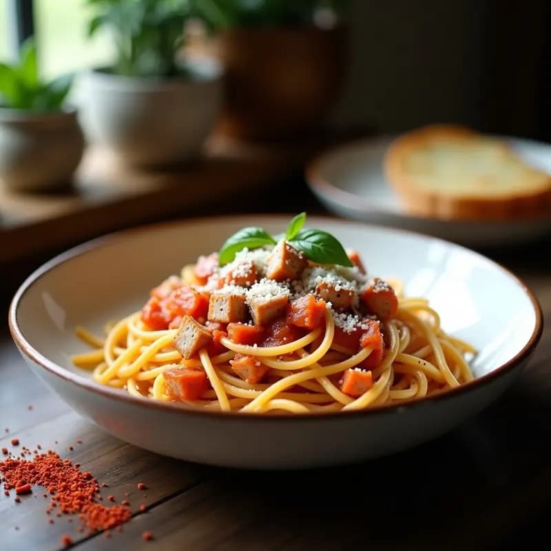 Plato hondo de cerámica blanca con pasta all’a matriciana, spaghetti bañados en salsa de tomate ligera, guanciale dorado y crujiente, queso pecorino rallado y pimienta negra, sobre fondo rústico de madera con copas de vino.