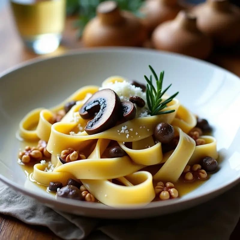 Plato hondo de cerámica blanca con Pasta alla Norcina, pappardelle doradas cubiertas de una salsa cremosa de champiñones portobello y shiitake, decorada con láminas de trufa negra, nueces tostadas y queso pecorino rallado. Fondo rústico con servilleta de lino y copa de vino blanco.