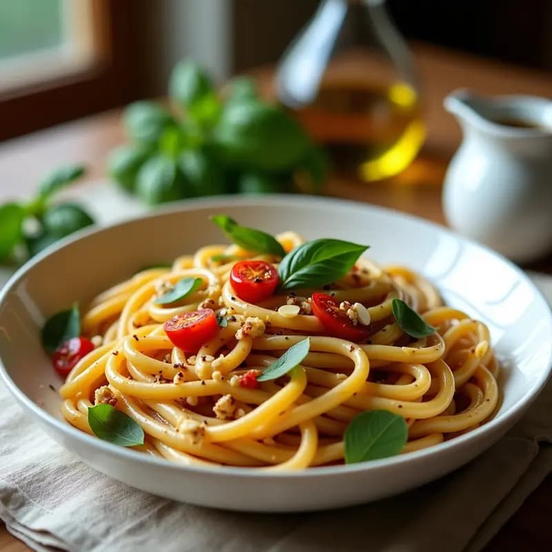 Pasta al Pesto Trapanese con Tomates Secos y Almendras: Receta Siciliana Sin Lácteos