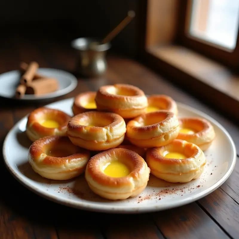 Pasteis de Nata sin gluten con masa de almendra en molde dorado, crema espesa con puntos caramelizados y espolvoreados de canela, servidos en plato blanco rústico.