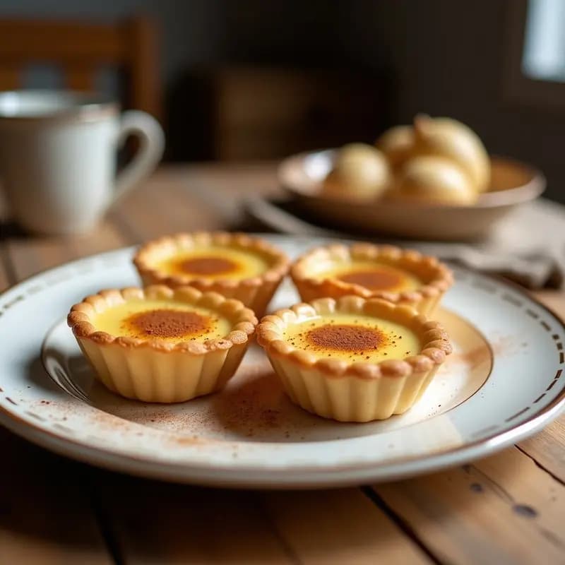 Pasteis de nata veganos con crema de coco y canela en molde de cobre, dorados y brillantes, con un toque de canela espolvoreada en la superficie. Postre portugués sin lácteos sobre fondo rústico de madera.