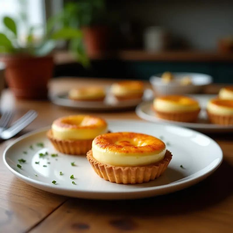 Pasteis de Nata veganos con leche de coco sobre bandeja de madera rústica, masa hojaldrada dorada y crema amarilla con canela espolvoreada, fondo borroso de cocina tradicional.