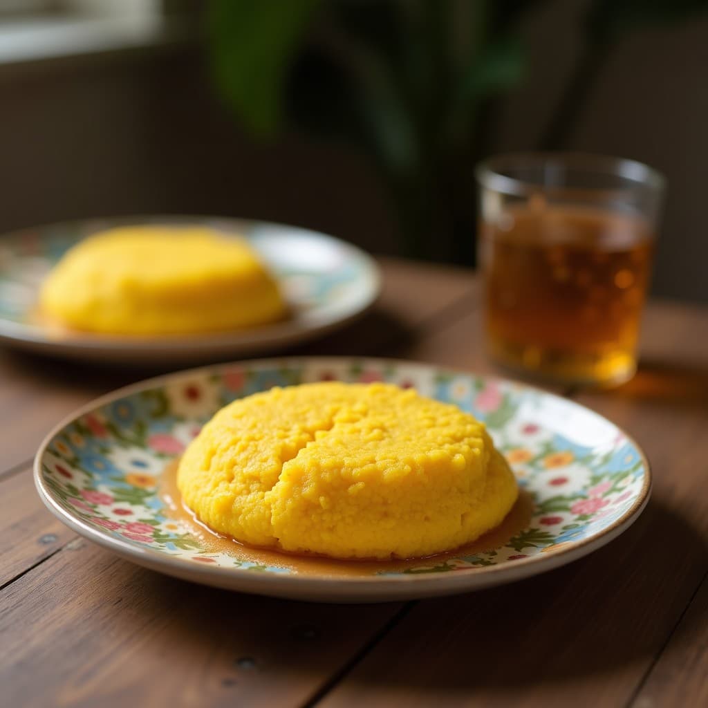 Pastel de algodón japonés de cúrcuma y coco en moldes de silicona dorados, con textura esponjosa y decorado con coco rallado, sobre un plato de cerámica blanca con fondo minimalista.