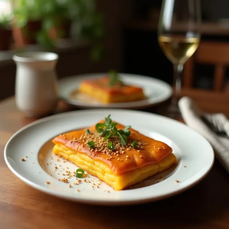 Pastel portugués de batata y merluza con costra dorada de semillas de sésamo blanco y negro, cortado en porciones, mostrando capas de rodajas de batata naranja y filetes de merluza jugosa, servido sobre un plato de cerámica rústica con perejil fresco espolvoreado.
