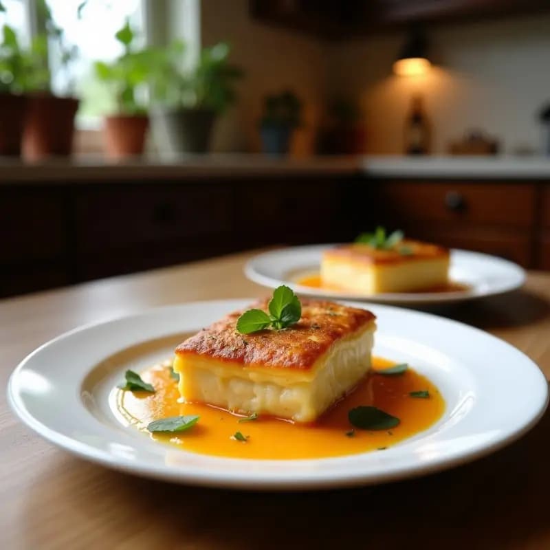 Pastel de cabracho gallega dorado al horno, con capas visibles de patata y cabracho, espolvoreado con perejil fresco. Plato tradicional reconfortante servido en fuente de barro rústica.