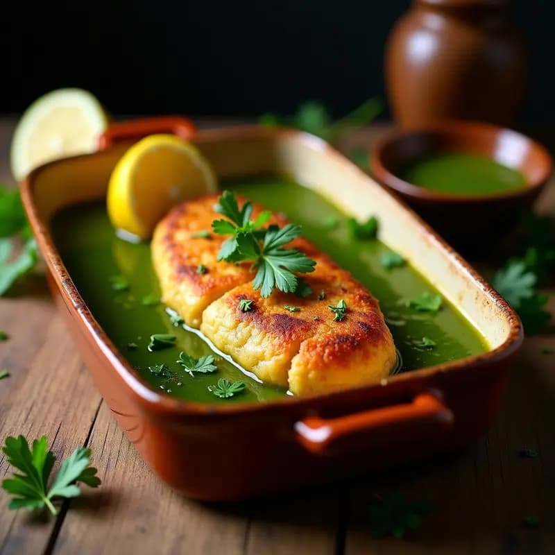 Pastel de cabracho en salsa verde vasca, horneado en molde rectangular con superficie dorada y cubierto de perejil fresco, acompañado de rodajas de limón.