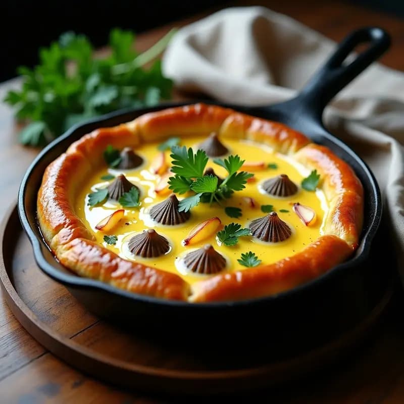 Pastel de caracoles dorado en sartén de hierro, con salsa de ajo y perejil vertida por encima, hierbas frescas y fondo rústico de madera.