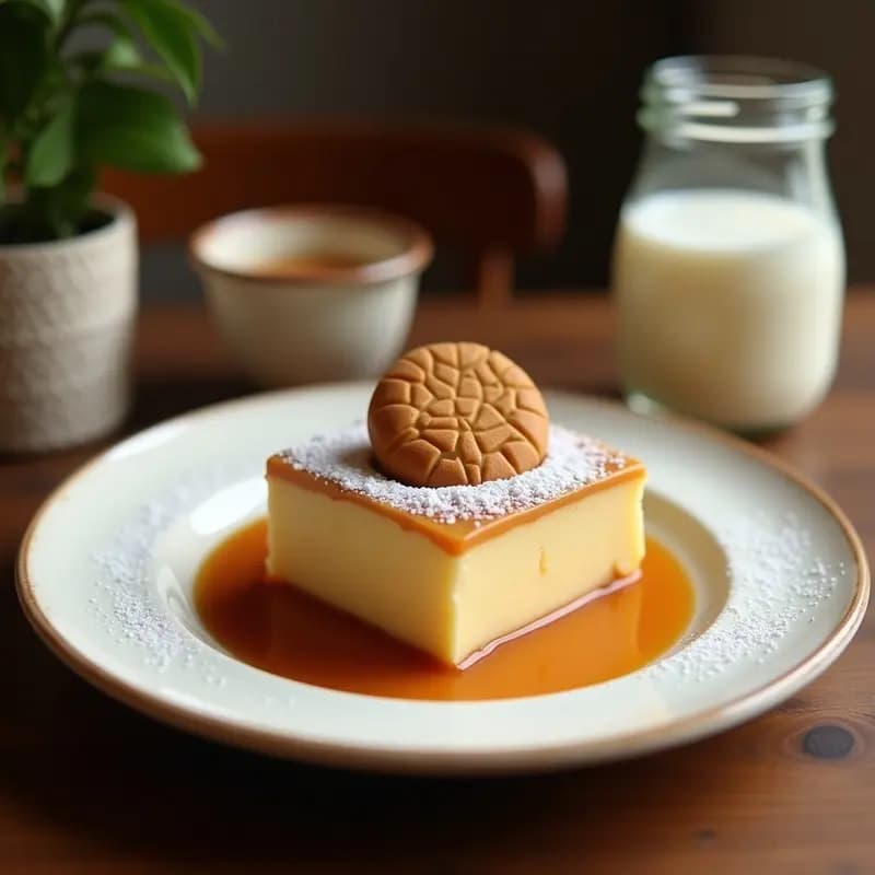 Pastel de Caramelo con Leche de Coco y Galletas María en molde transparente, mostrando capas de base de galletas, crema de coco espesa y caramelo dorado en el fondo, decorado con virutas de coco tostado.
