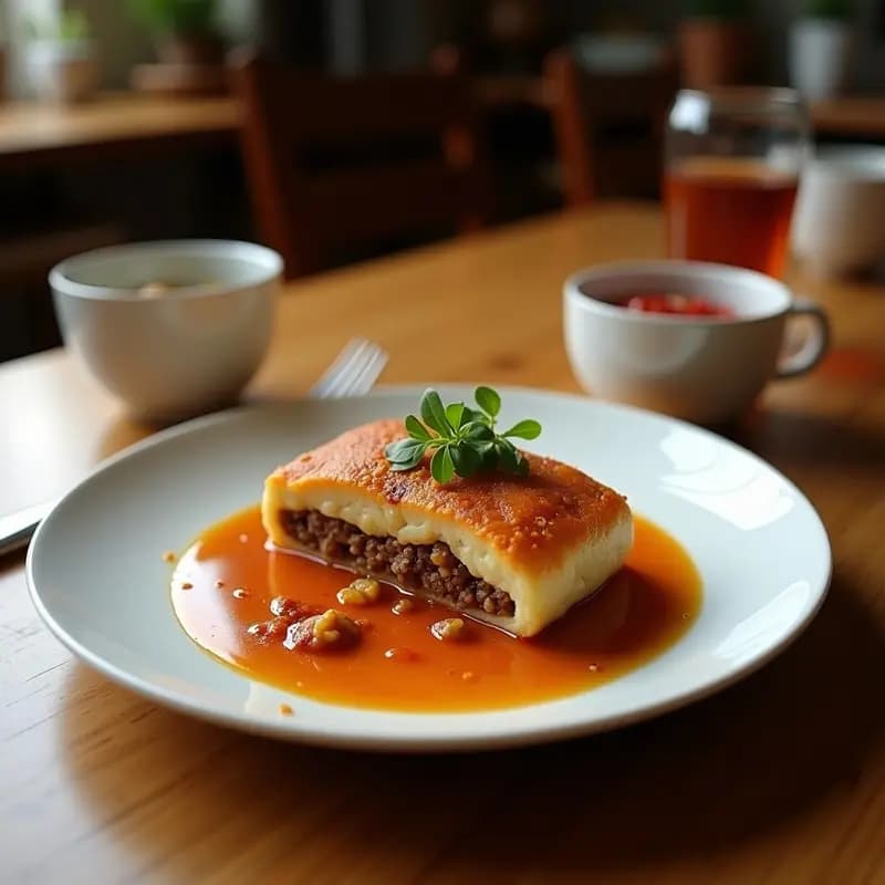 Pastel de carne Ariel Iraní en molde rectangular dorado, con capas visibles de papa, carne especiada con New Zaar, almendras fileteadas y semillas de granada rojas brillantes. Acompañado de yogur griego y menta fresca.