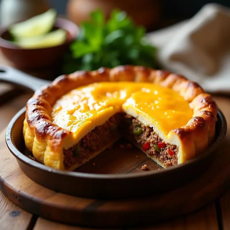 Pastel de carne brasilera con yuca horneado, corte mostrando capas de yuca dorada y relleno jugoso de carne especiada, acompañada de aceitunas verdes. Receta sin gluten y alta en proteínas.