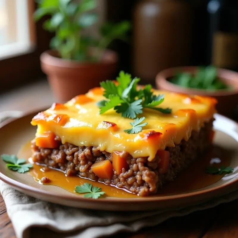 Pastel de carne colombiano con guayaba y queso gratinado, capas visibles de puré de yuca cremoso, carne molida especiada y trozos de guayaba dorada, servido en molde rectangular con cilantro fresco.
