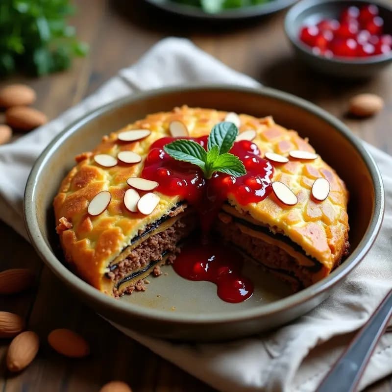 Pastel de Carne Libanés con Berenjena y Salsa de Granada en fuente rectangular, capas doradas de berenjena asada y carne especiada, bañado en salsa rosada de granada y decorado con semillas rojas y hojas de menta fresca.