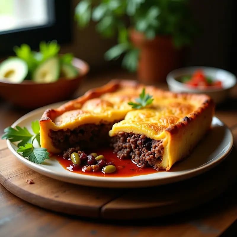 Pastel de carne y malanga con masa de ñame rebanado en porciones cuadradas, dorado por fuera y jugoso por dentro, servido en un plato de cerámica blanca con hojas de culantro fresco y mojo criollo al lado. Receta cubana sin gluten.