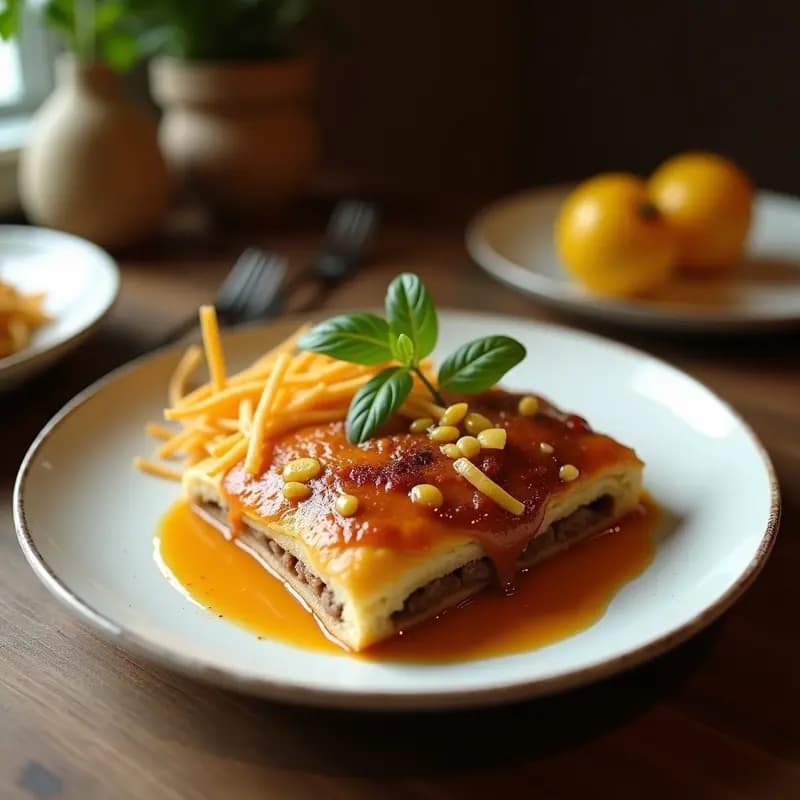Pastel de carne portugués con capas doradas de patata fina, relleno de carne picada especiada y aceitunas verdes, servido en molde rectangular sobre mesa de madera rústica.