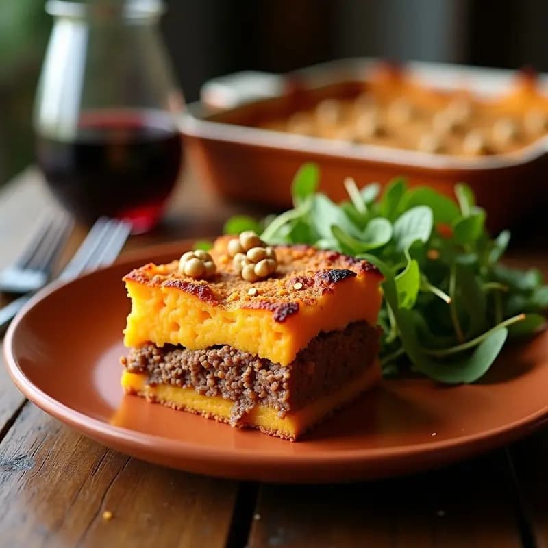 Pastel de Carne y Pure de Batata chileno en fuente de horno rectangular, con capas visibles de puré de batata dorado y relleno de carne especiada, espolvoreado con perejil fresco y servido en porción con cuchara de madera.