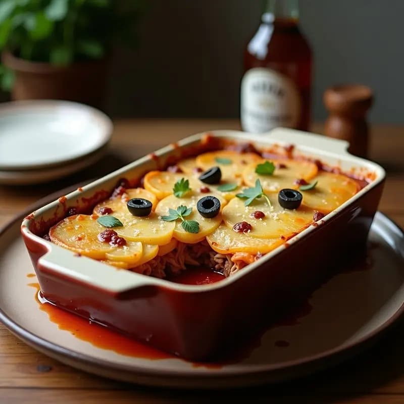 Pastel de carne de res y aceitunas negras cubano en olla lenta, servido en porción triangular con capas visibles de puré de papa cremoso y relleno de carne desmenuzada con aceitunas. Decorado con aceitunas negras y cilantro fresco.