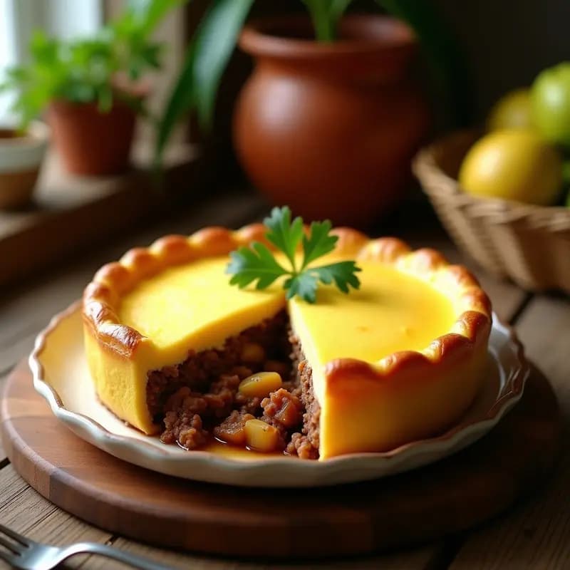Pastel de Carne de Res y Guayaba con Puré de Yuca: plato tradicional cubano horneado en molde rectangular, con capas visibles de puré de yuca dorado y relleno de carne estofada con trozos de guayaba. Decorado con rodajas de guayaba y almendras fileteadas.