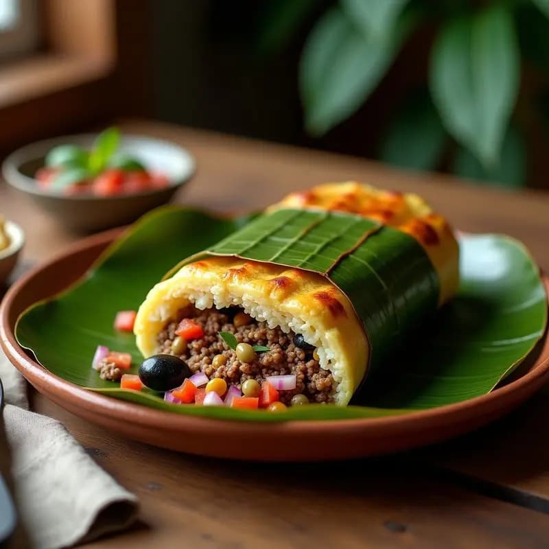 Pastel de Carnes Colombiano envuelto en hoja de plátano, horneado y dorado, con relleno de carne, arroz y huevo duro, servido en plato rústico de barro.