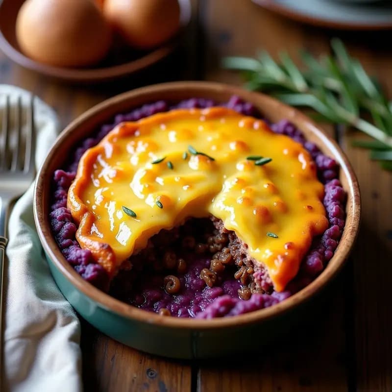 Pastel británico de carnes jugosas cubierto por un puré cremoso de batata morada, servido en un plato de loza blanca con hierbas frescas y un toque de mantequilla derretida.