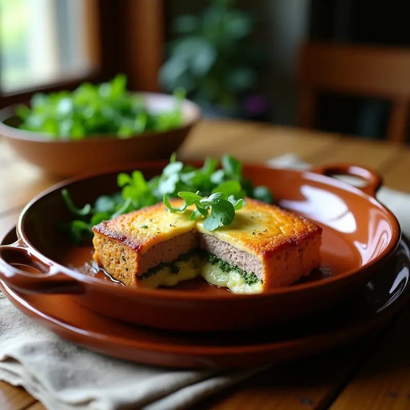 Pastel de carnes argentino en olla lenta, capas doradas de carne mezclada con puré de berros cremoso y queso gratinado, servido en plato rústico de barro.