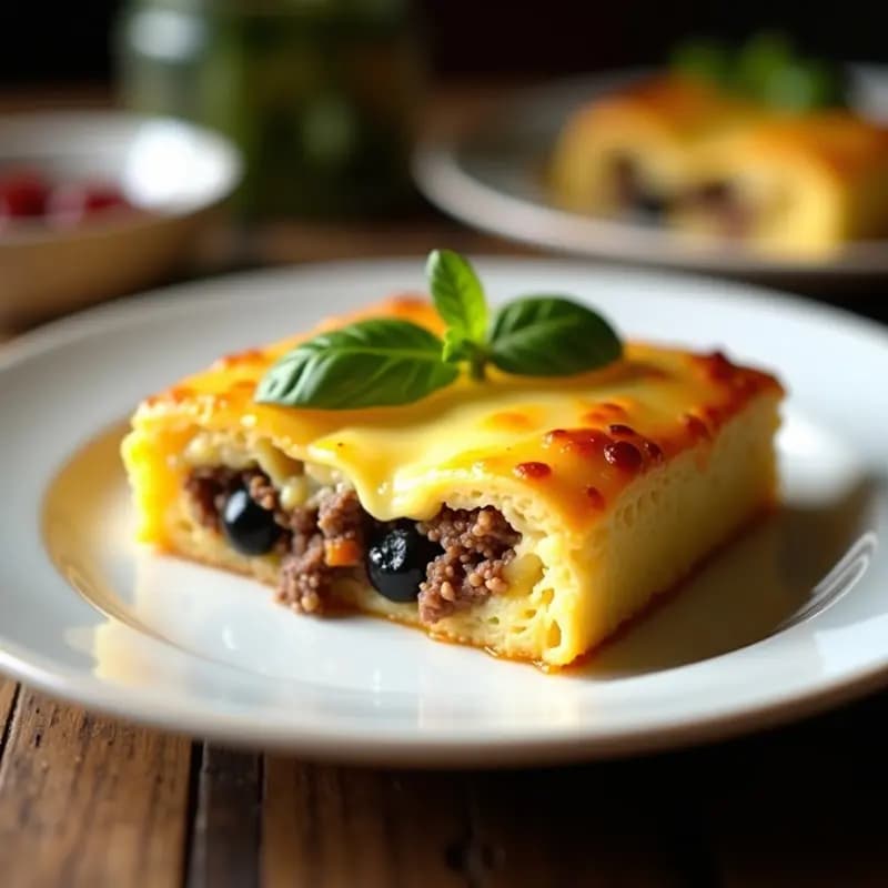 Pastel de Choclo Chileno en porción cuadrada, con capas visibles de maíz amarillo cremoso, carne picada con aceitunas y queso gratinado dorado, servido en plato blanco rústico.