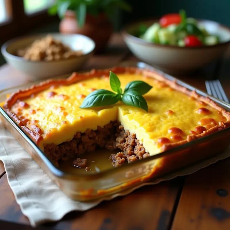 Pastel de choclo chileno dorado en molde rectangular, con capa superior esponjosa y relleno visible de pino de carne y pollo, servido en porción con hojas de albahaca fresca.