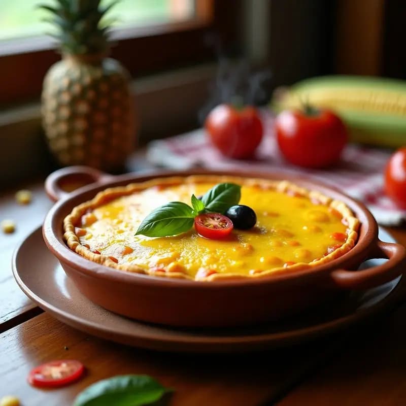 Pastel de choclo chileno vegano horneado en fuente de barro, con capa dorada de masa de choclo y relleno de pino de soja texturizada, decorado con hojas de albahaca fresca.