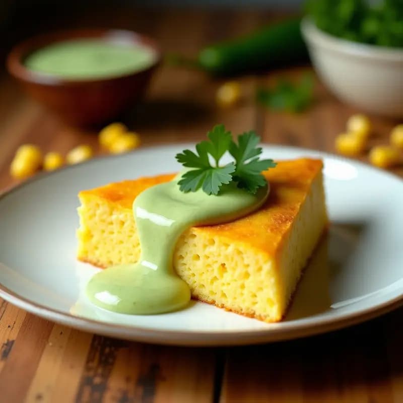 Pastel de Elote con Crema de Chile Poblano servido en plato blanco, con porción triangular y crema verde espesa encima, decorado con cilantro fresco y granos de elote visibles.
