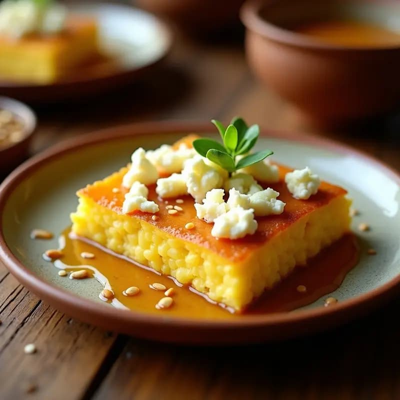 Pastel de elote dorado recién horneado con queso de cabra desmenuzado y miel de agave brillante, decorado con hojas de epazote sobre un plato de barro rústico, desayuno mexicano dulce-salado.