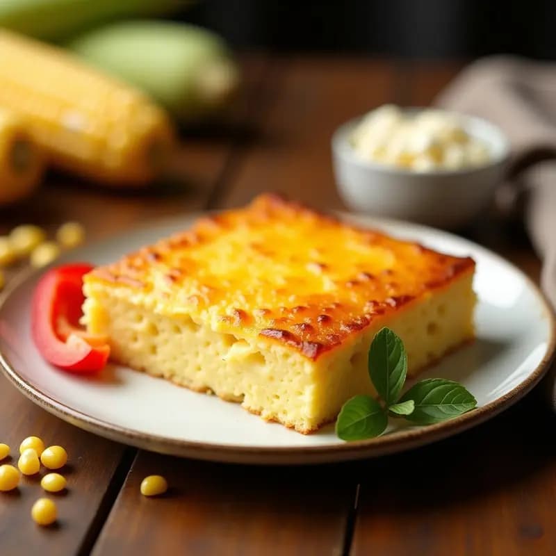 Pastel de elote y queso fresco venezolano en molde redondo, dorado por encima, con trocitos de queso fundido visibles y servido en plato blanco rústico, receta sin harina hecha en olla express.