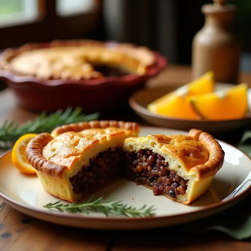 Pastel de feijoada brasileño recién horneado, tarta salada dorada con relleno de frijoles negros y carne secada, servida en molde de cerámica con porción cortada para mostrar capas.
