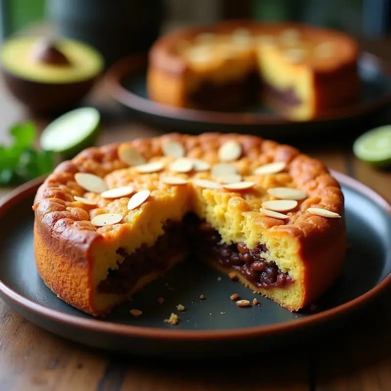Pastel de feijoada brasilerño con harina de mandioca, receta sin gluten y alta en fibra, servido en porción con almendras fileteadas y espinacas verdes.