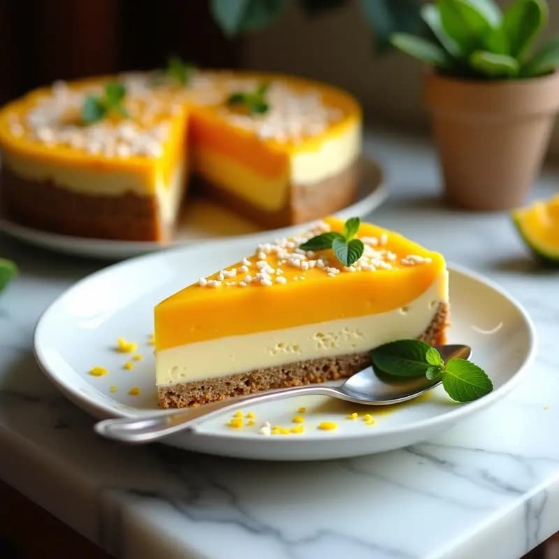 Pastel de mango y chía con base de almendras en molde redondo, capas visibles de crema de chía, trozos de mango fresco y puré dorado, decorado con hojas de menta y coco rallado tostado sobre fondo blanco.