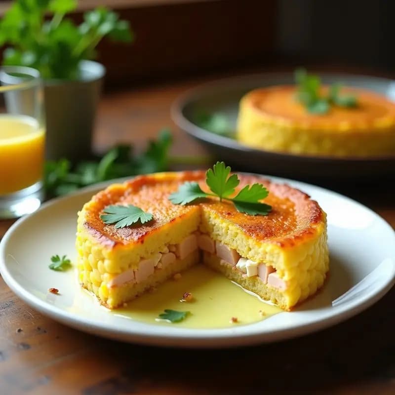 Pastel de maíz y atún brasileño sin gluten, cortado en porciones cuadradas, con capas visibles de masa dorada y relleno cremoso de atún y verduras. Servido en plato blanco con hojas de cilantro fresco.