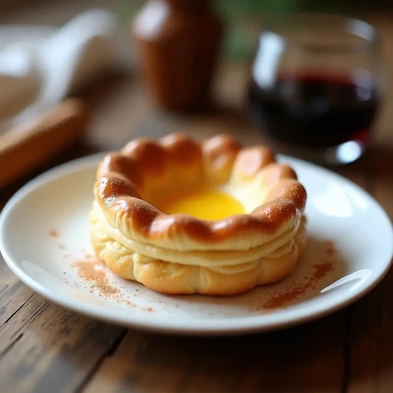 Pastel de nata portugués con superficie dorada y ligeramente quemada, crema espesa en su interior, espolvoreado con canela molida, sobre un plato de loza blanca con fondo rústico de madera.