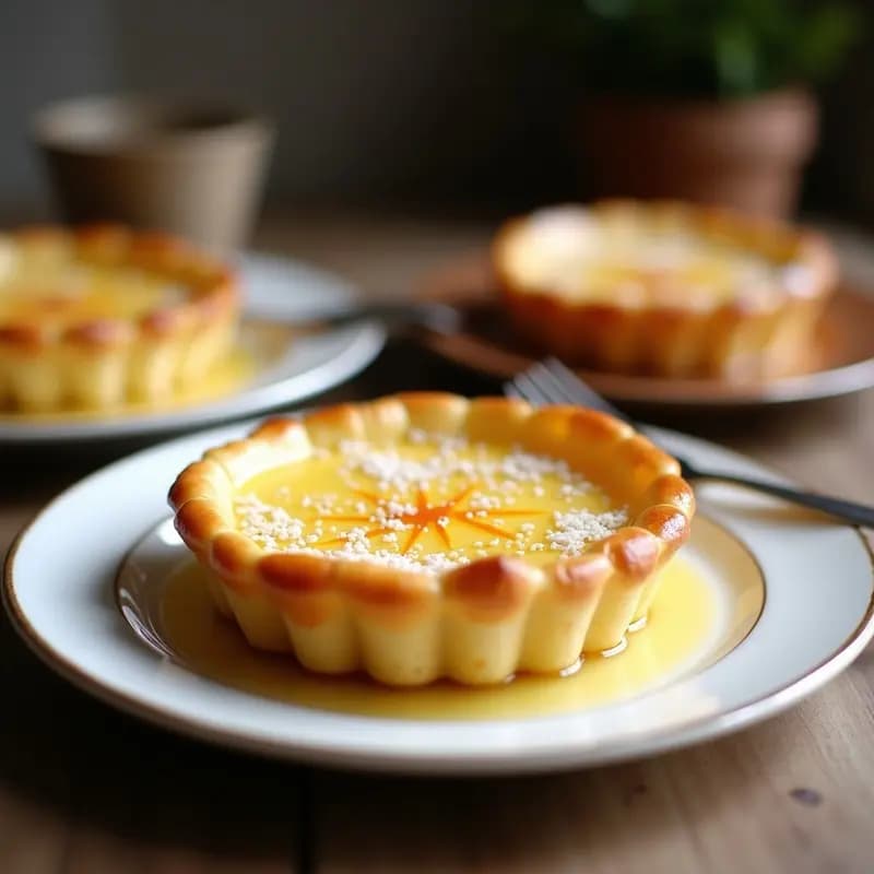 Pastel de nata vegano con masa de hojaldre de coco dorado y crema espesa de color amarillo claro, servido en moldes individuales de acero con puntos caramelizados en la superficie. Postre portugués sin lácteos.