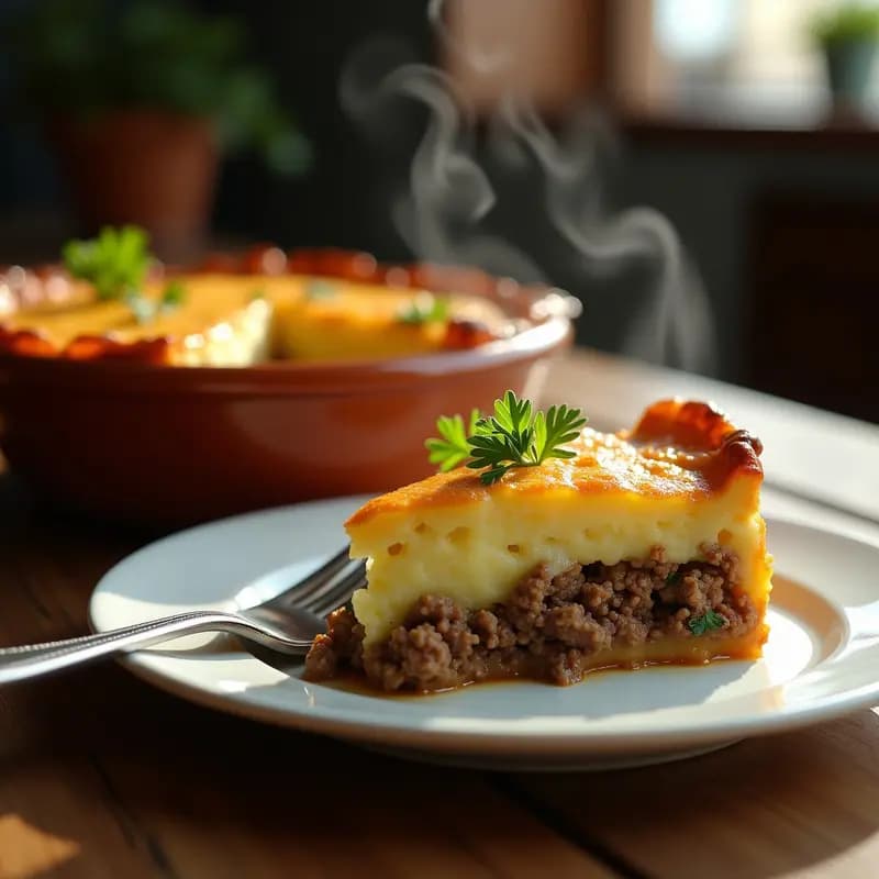 Pastel de papa almas dorado al horno con capas visibles de carne jugosa, puré de papa cremoso y queso fundido gratinado en la superficie, servido en fuente de barro rústica.