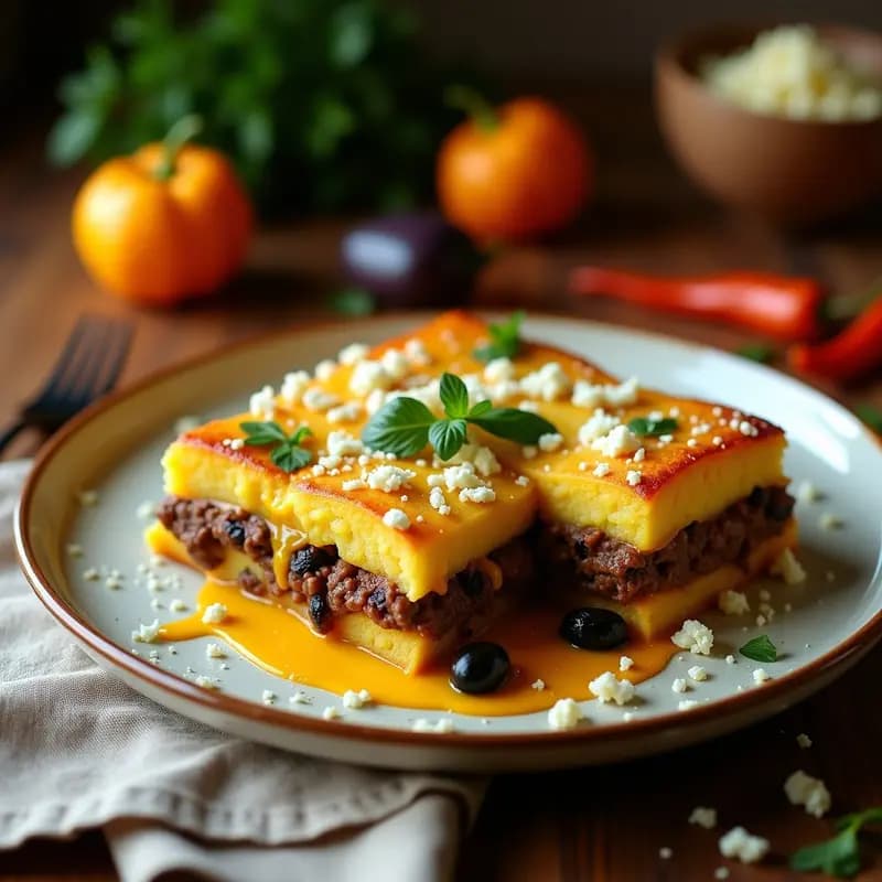 Pastel de papa y carne de res con salsa de ají amarillo peruano gourmet en horno, capas visibles de puré dorado, relleno jugoso y salsa cremosa amarilla, decorado con queso fresco y huacatay en un molde rectangular.