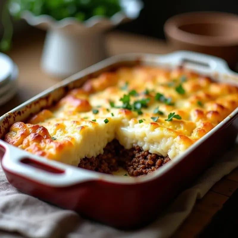 Pastel de papa keto chileno horneado en molde rectangular, con capas visibles de pure de coliflor cremoso y carne molida especiada, cubierto de queso parmesano dorado y perejil fresco picado. Plato bajo en carbohidratos y alto en proteína.