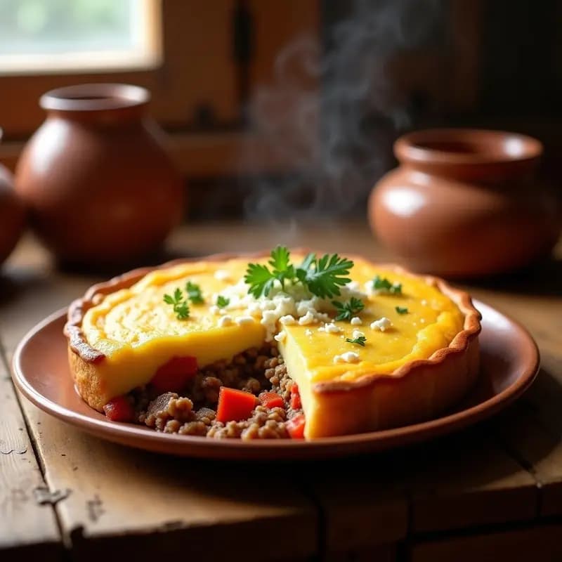 Pastel de papa y carne de llama boliviano recién horneado, con capas doradas de puré de papa amarilla y relleno de carne jugosa, servido en un molde de barro con hierbabuena fresca como decoración.